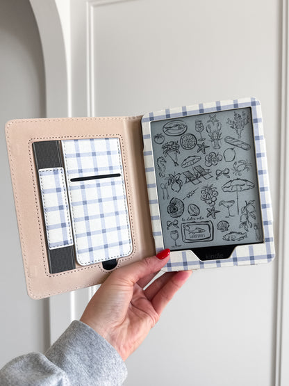 Blue and White Windowpane Plaid Kindle Case