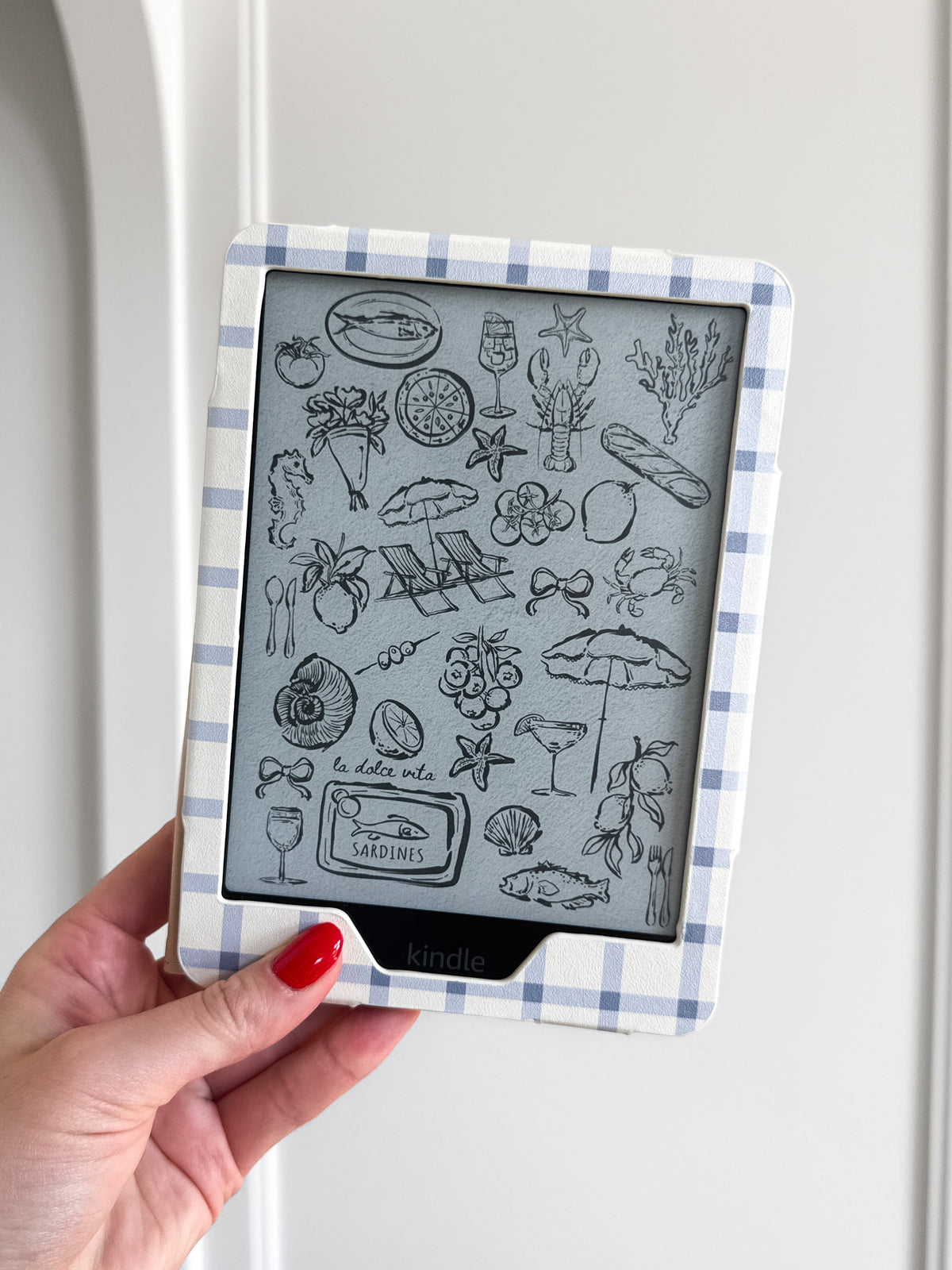Blue and White Windowpane Plaid Kindle Case